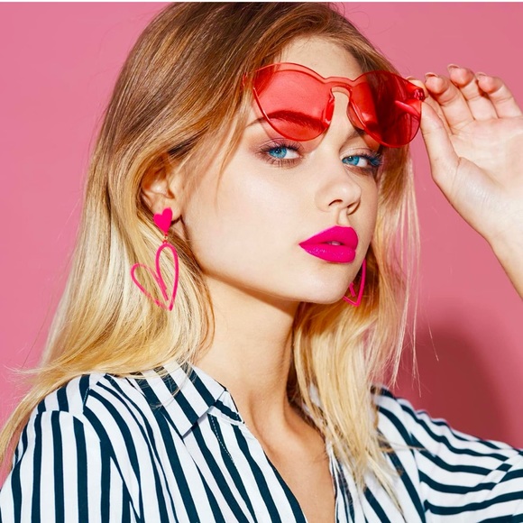 Hot Pink Matte Double Heart Earrings Drop Dangle Cutout Hearts Nwt - Picture 2 of 8